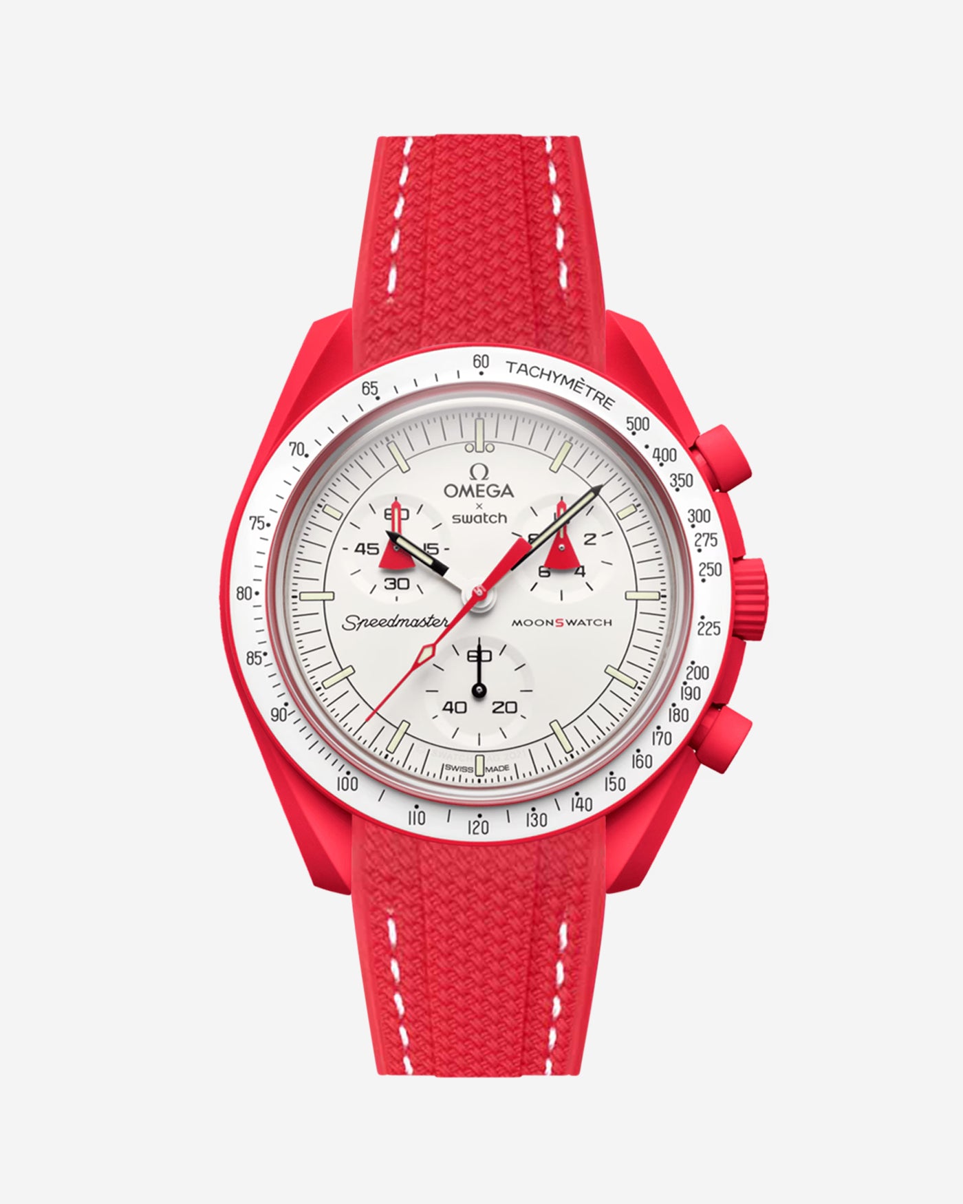 Red watch with a detailed face on a white background