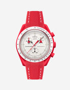 Red watch with a detailed face on a white background