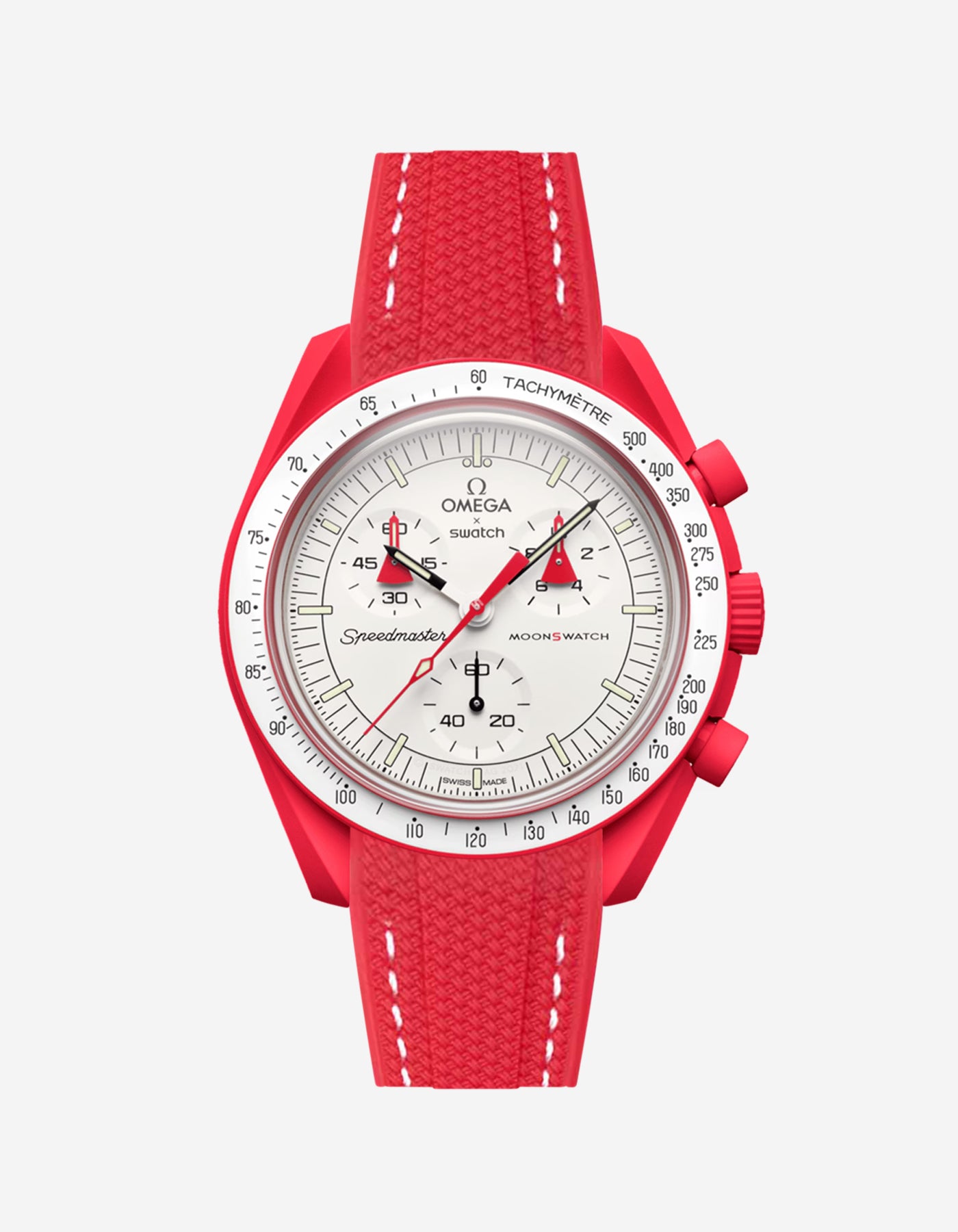 Red watch with a detailed face on a white background