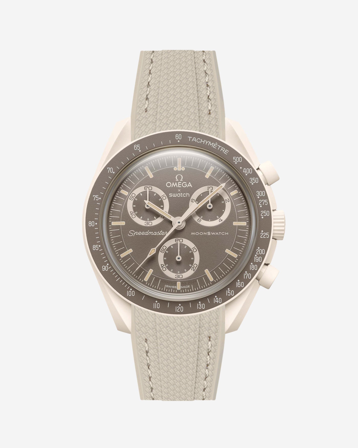 Beige Vertech Rubber strap for Omega X Swatch MoonSwatch Mission On Earth Desert, attached to the watch
