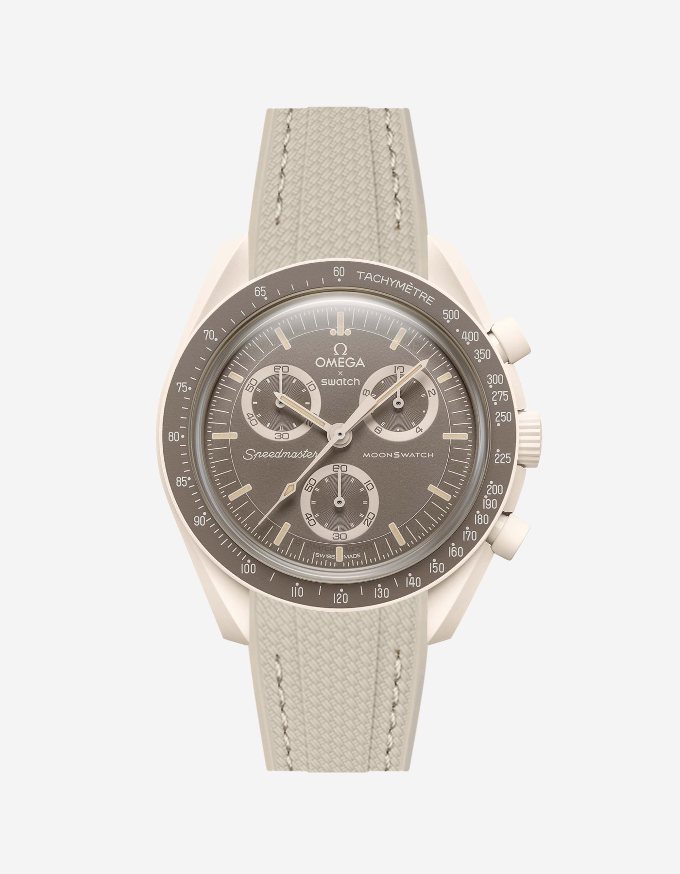 Beige Vertech Rubber strap for Omega X Swatch MoonSwatch Mission On Earth Desert, attached to the watch