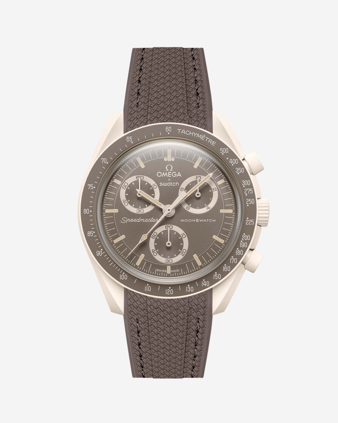 Brown Vertech Rubber strap for Omega X Swatch MoonSwatch Mission On Earth Desert, attached to the watch