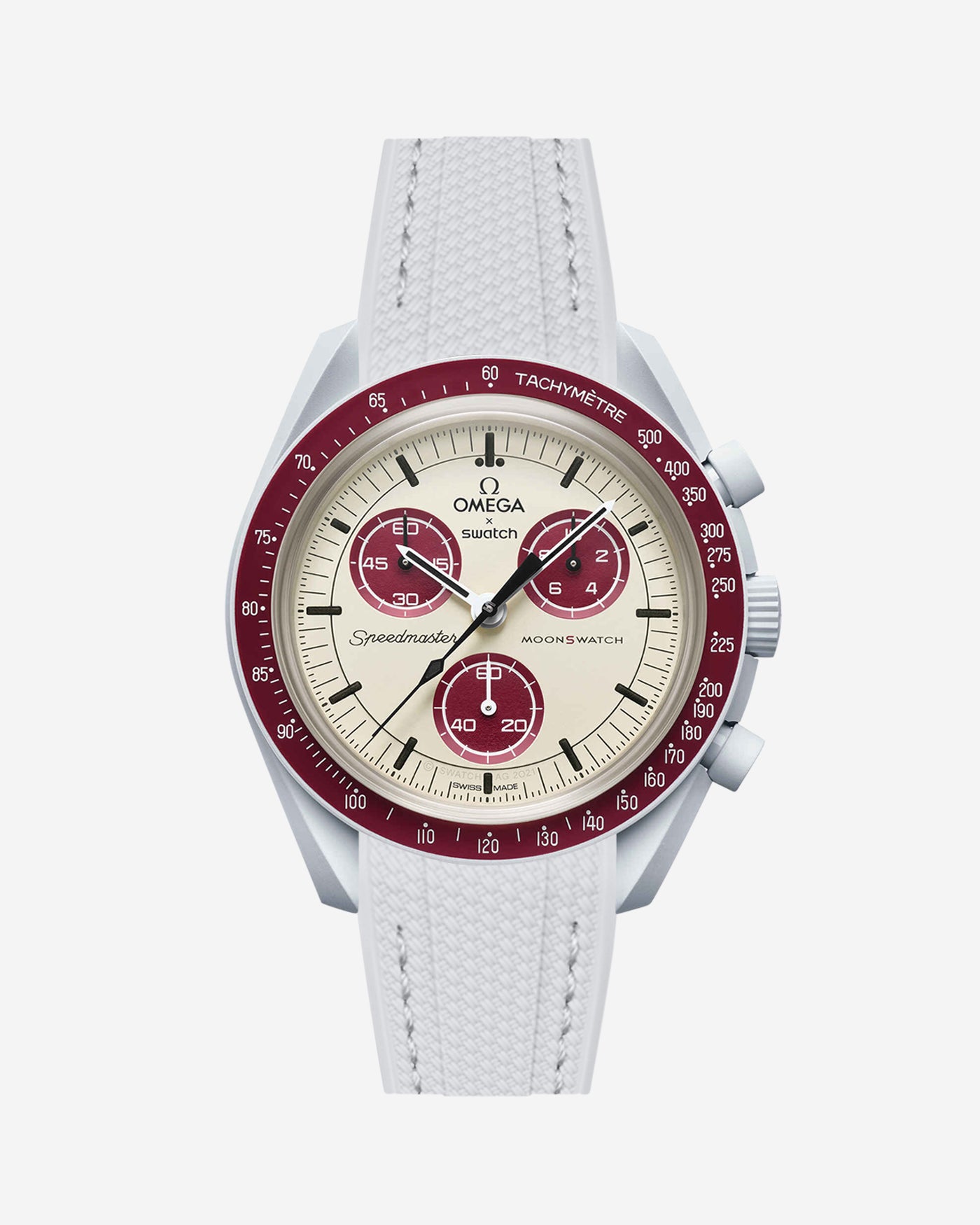 A grey curved rubber vertech watch strap with a stainless steel buckle, designed for the Omega X Swatch MoonSwatch Mission to Pluto watch.