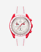 Omega X Swatch Mars with red accents on a white background