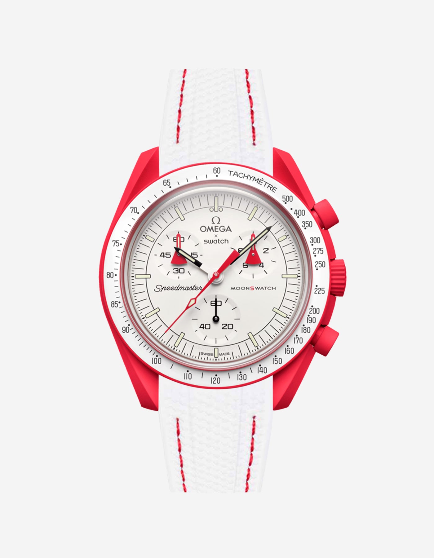 Omega X Swatch Mars with red accents on a white background