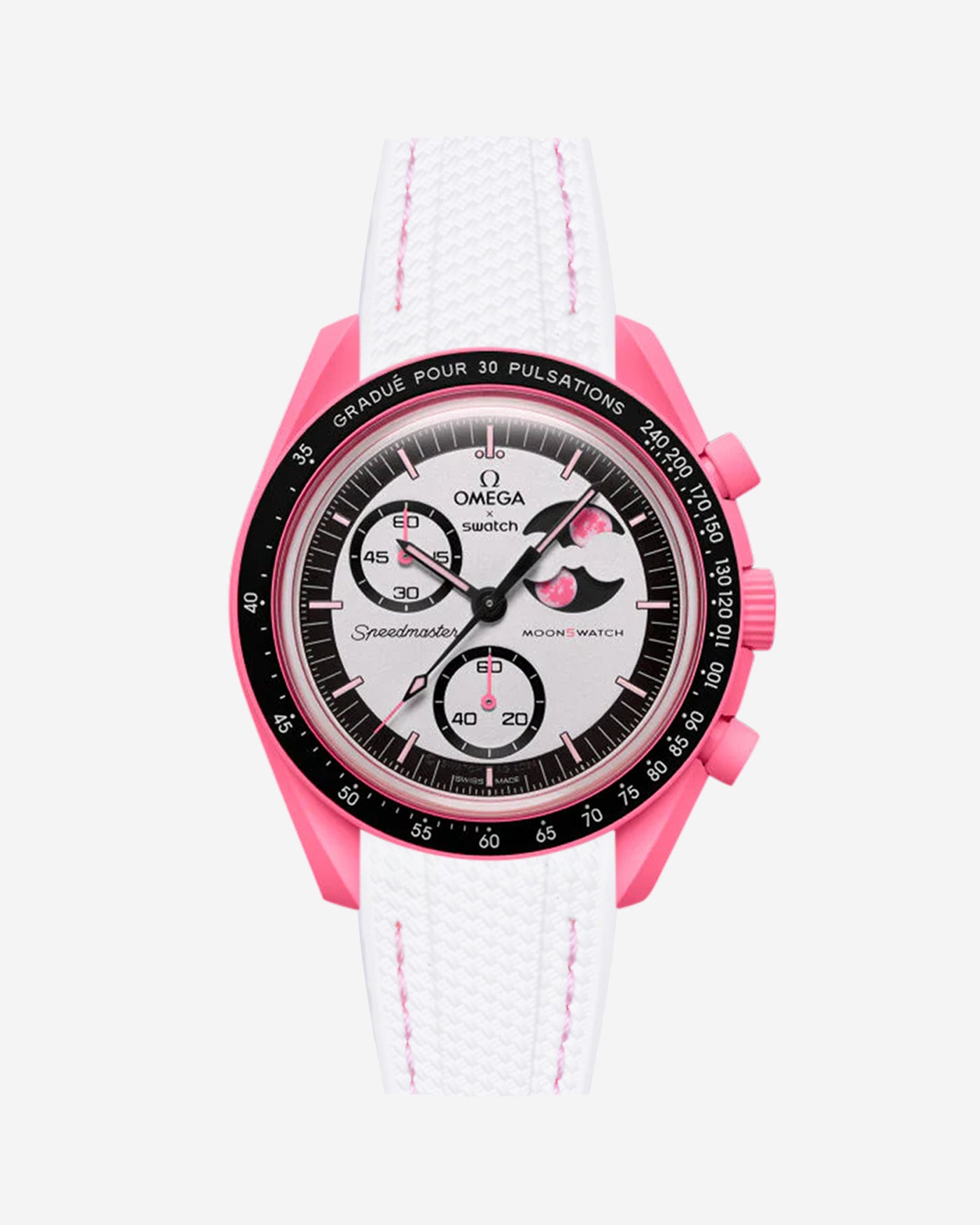 White rubber strap on Omega x Swatch MoonSwatch Mission to the Pink Moonphase