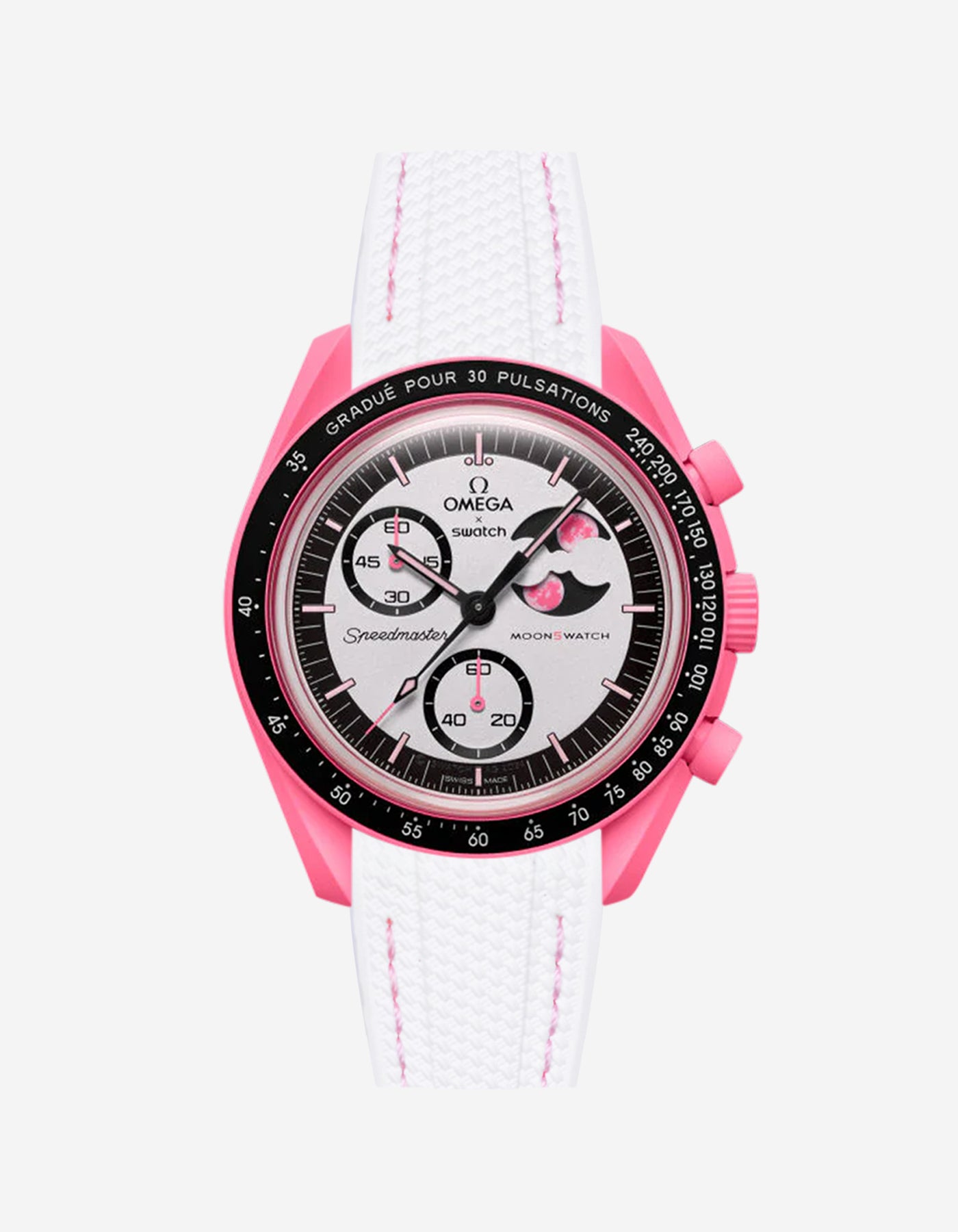 White rubber strap on Omega x Swatch MoonSwatch Mission to the Pink Moonphase