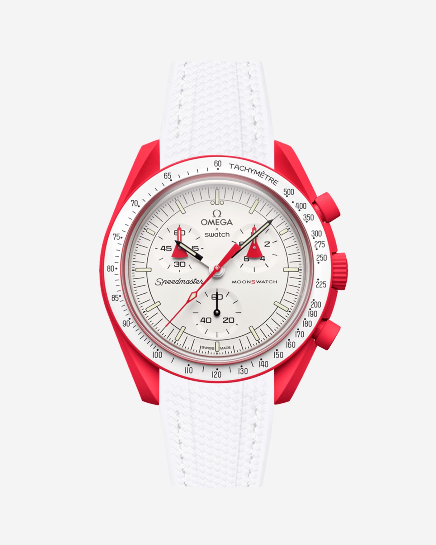 Omega watch with red accents and a white strap on a light gray background