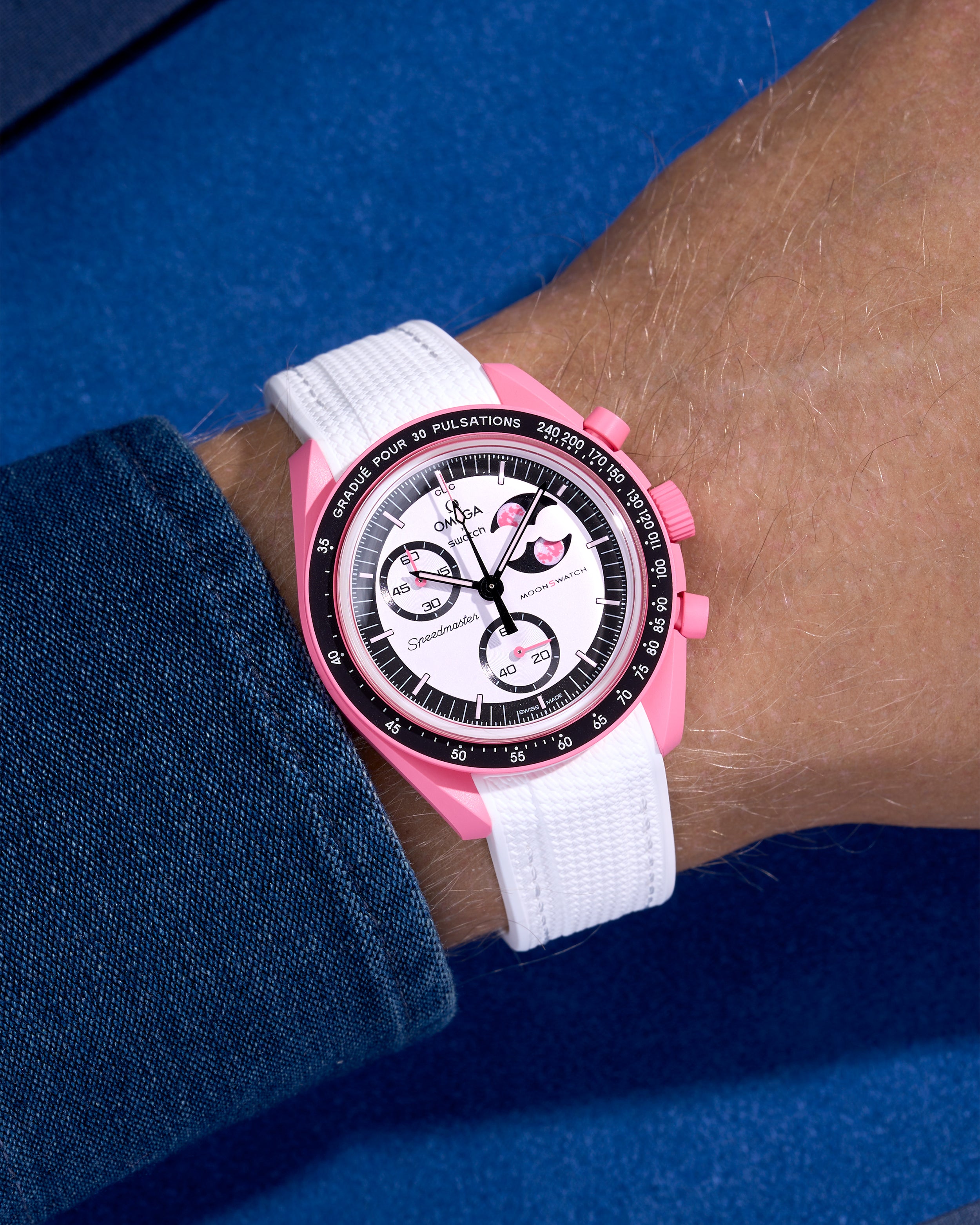 White rubber strap on Omega x Swatch MoonSwatch Mission to the Pink Moonphase