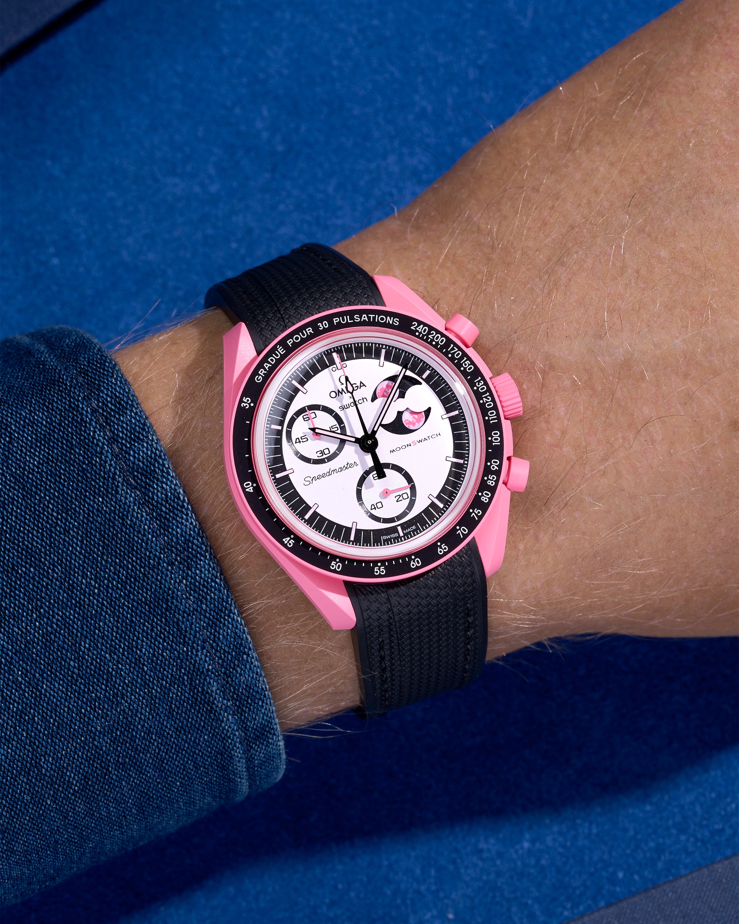 Black rubber strap on Omega x Swatch MoonSwatch Mission to the Pink Moonphase