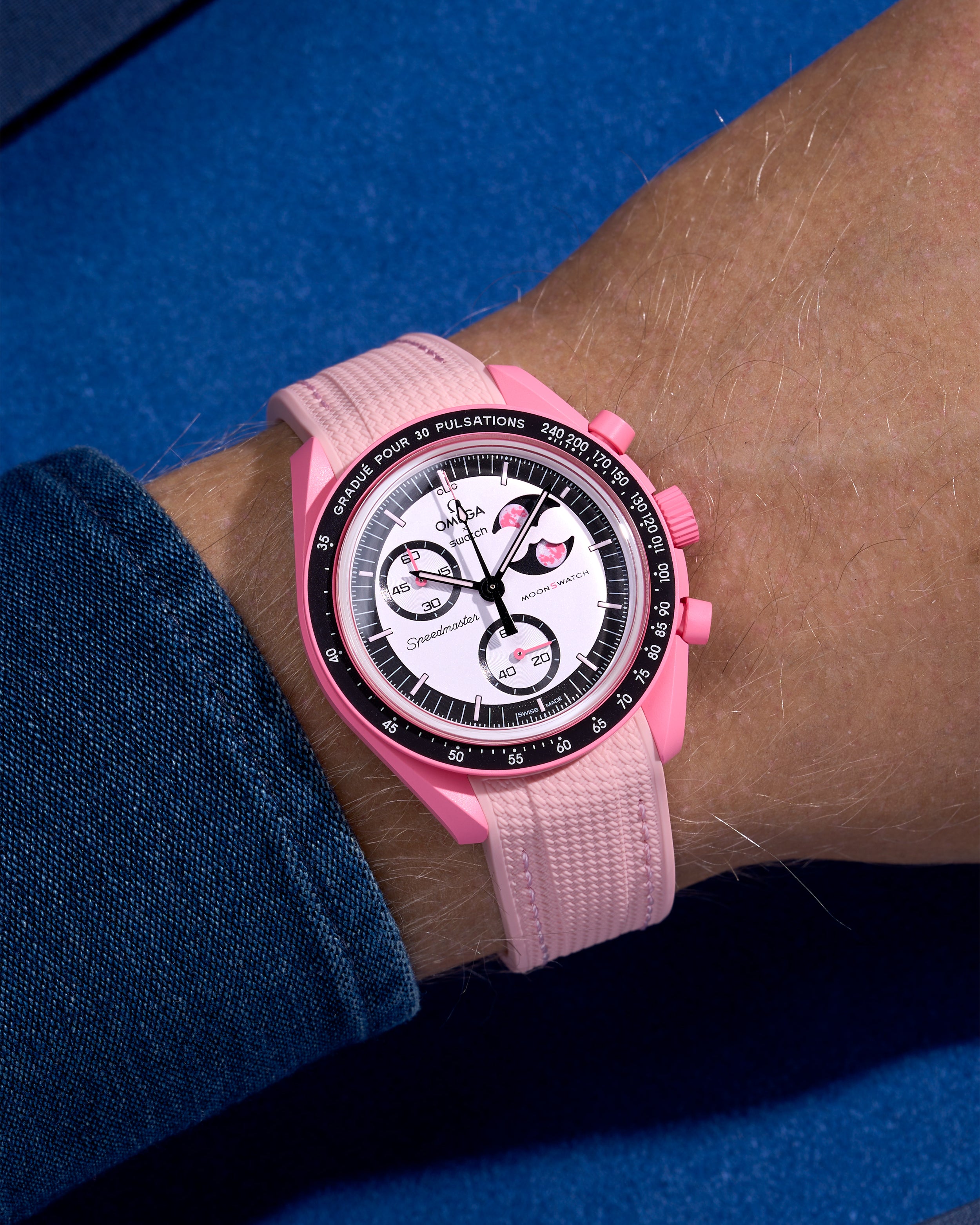 Pink rubber strap on Omega x Swatch MoonSwatch Mission to the Pink Moonphase