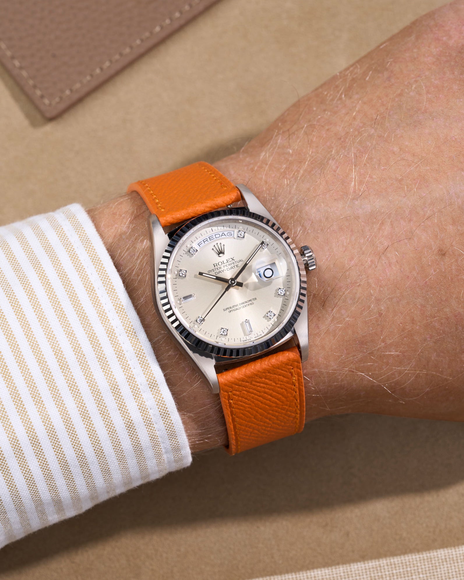 Orange Epsom Leather Strap Wrist Shot on Rolex