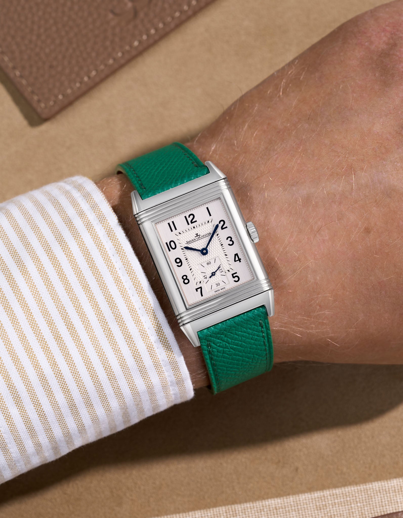 Green Epsom Leather Strap on JLC Wrist Shot - Wristbuddys