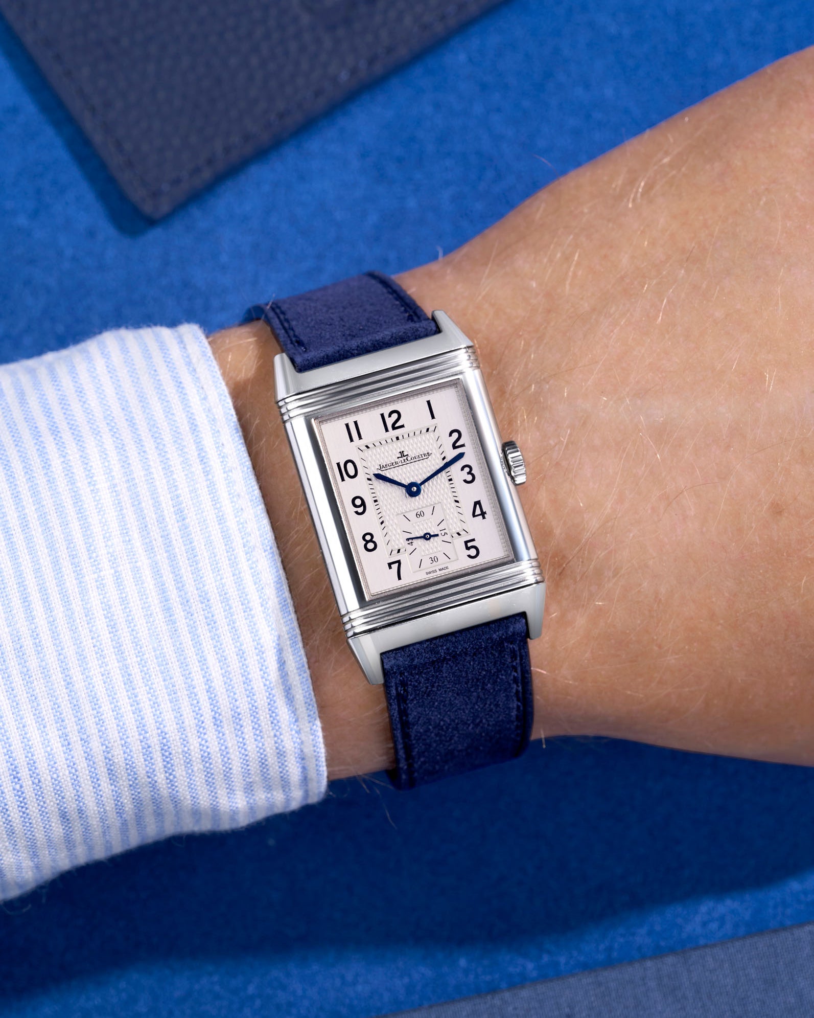 Navy Blue suede leather watch strap on a JLC Reverso steel watch. Handmade in italy in lug width 17mm to 21mm
