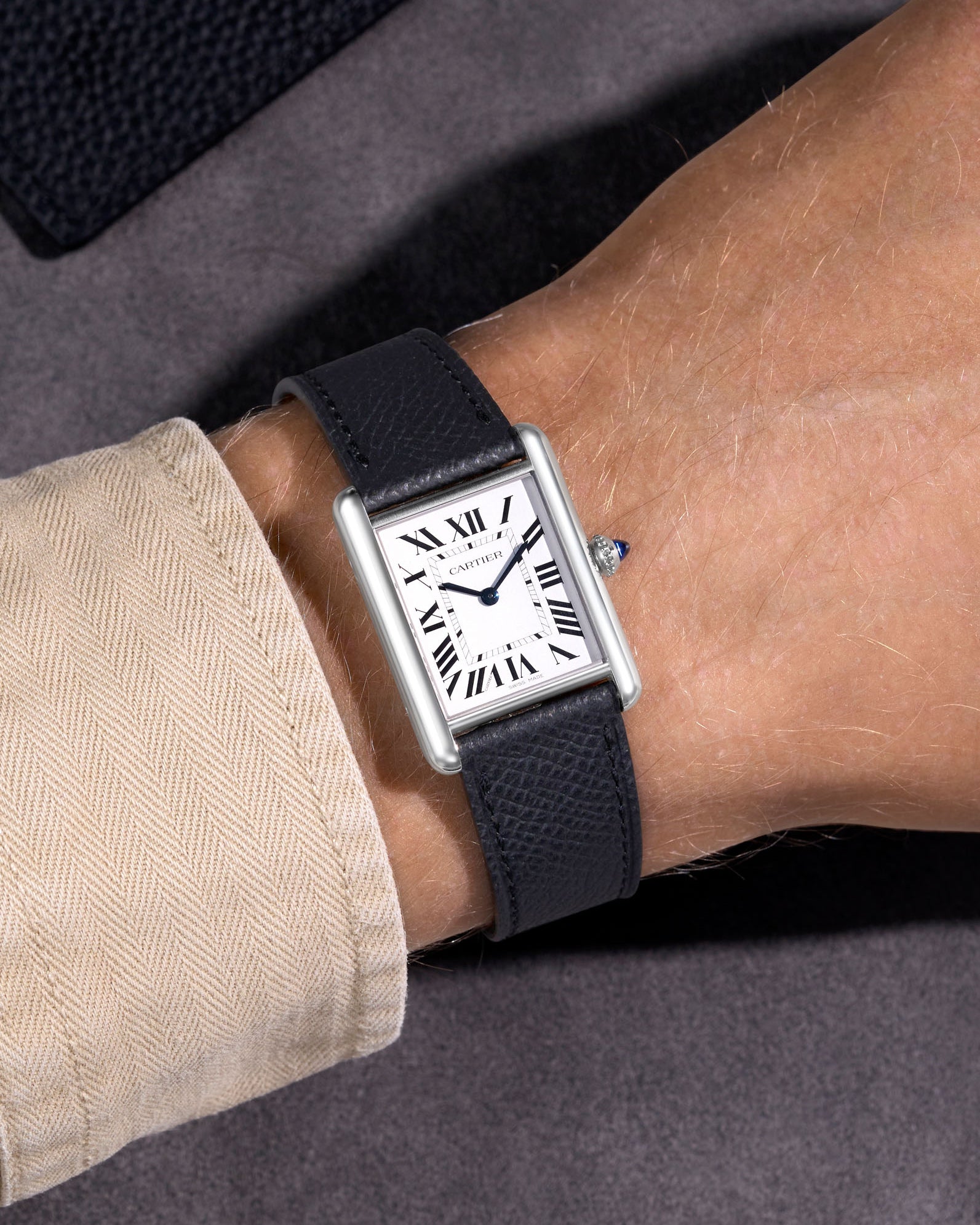 Black Epsom Leather Strap 17mm - 21mm on Cartier Tank Wrist Shot - Wristbuddys