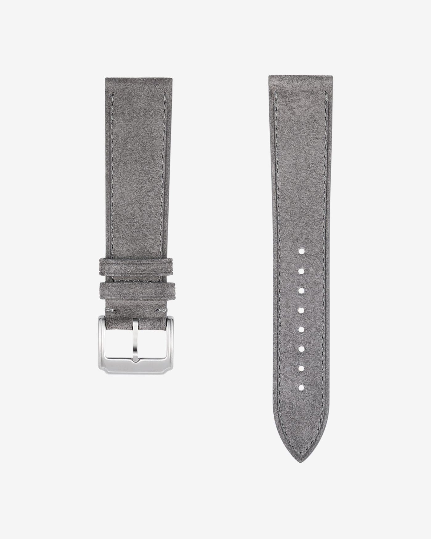 Grey suede leather strap for Omega X Swatch MoonSwatch 1965 | flat lay showing quick-release spring bar and 316L clasp