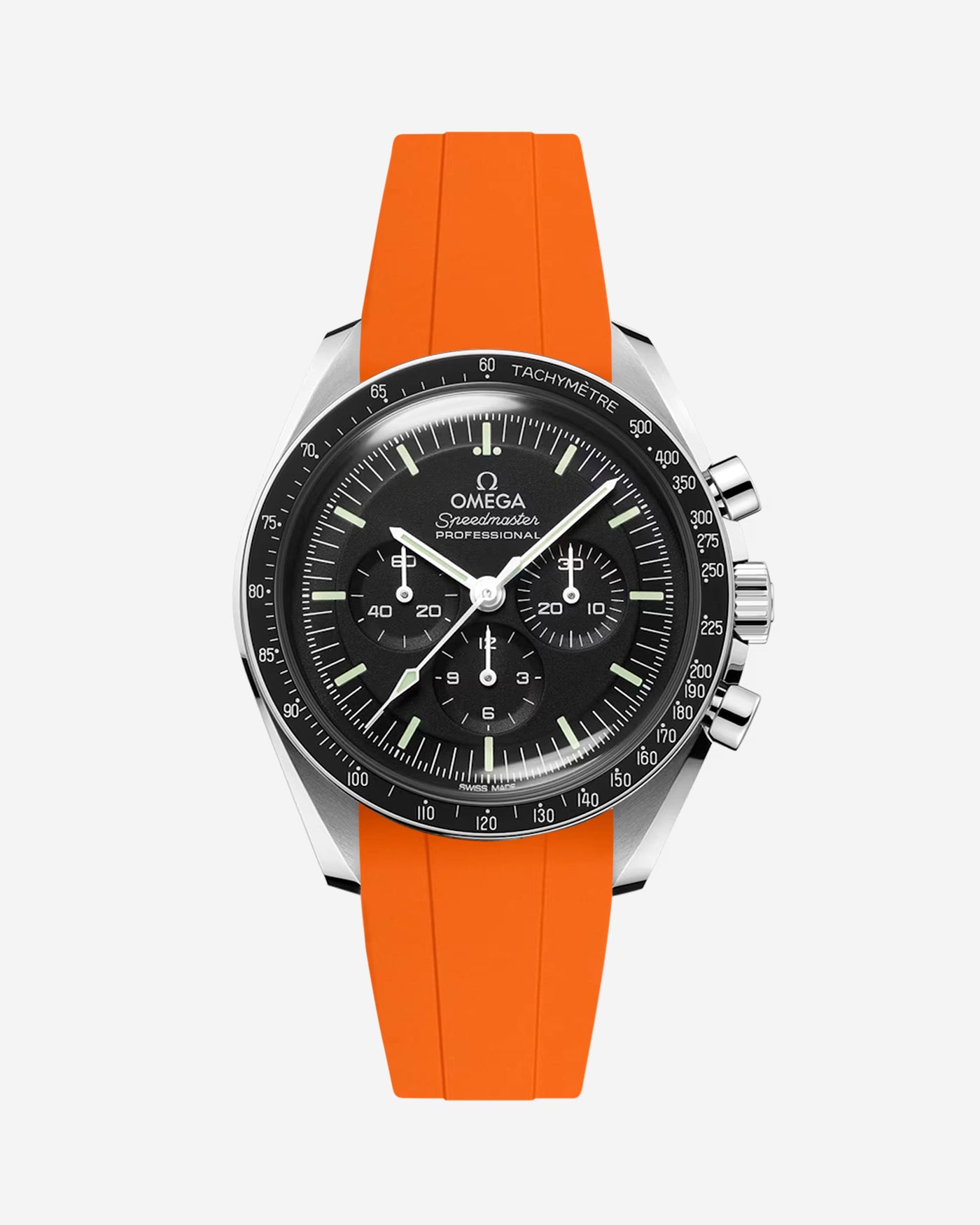 Omega Speedmaster Professional fitted with orange FKM rubber strap front facing product photo on white background by Wristbuddys