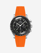 Omega Speedmaster Professional fitted with orange FKM rubber strap front facing product photo on white background by Wristbuddys