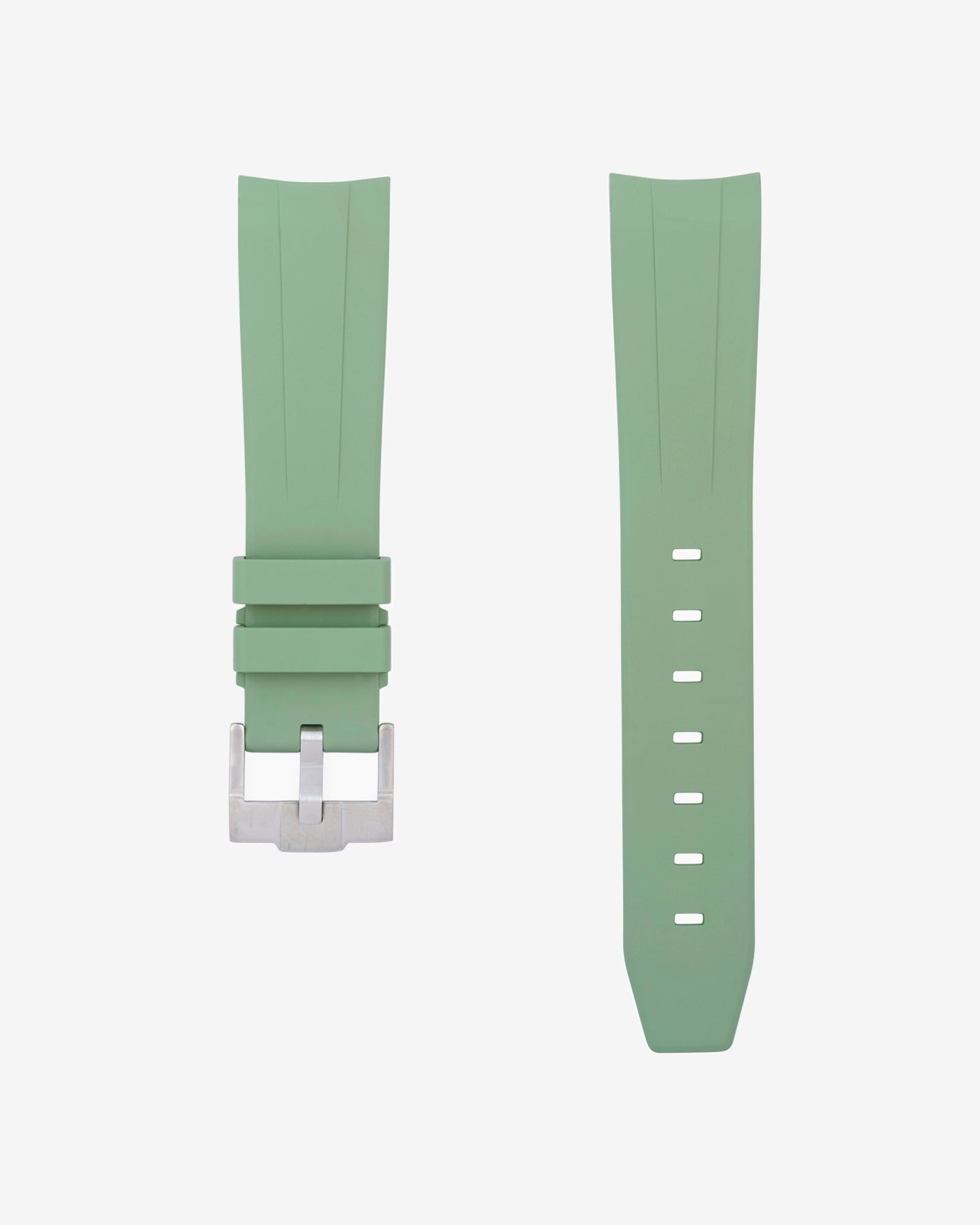 Mint green FKM rubber strap for Omega Speedmaster shown detached with clasp and holes visible front facing product photo on white background by Wristbuddys