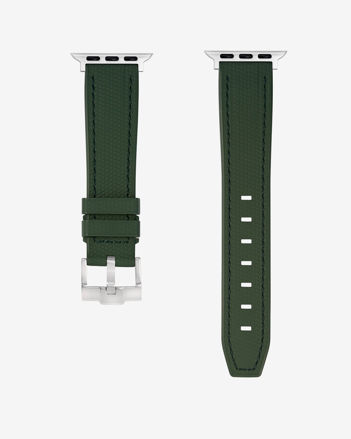 A military green rubber apple watch band in detail with silver buckle