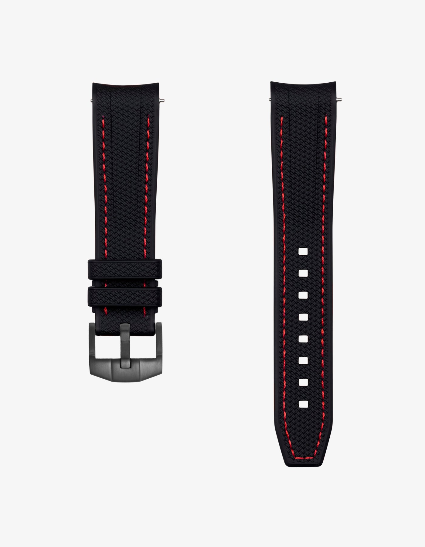 Black vertech watch strap with red stitching on a white background