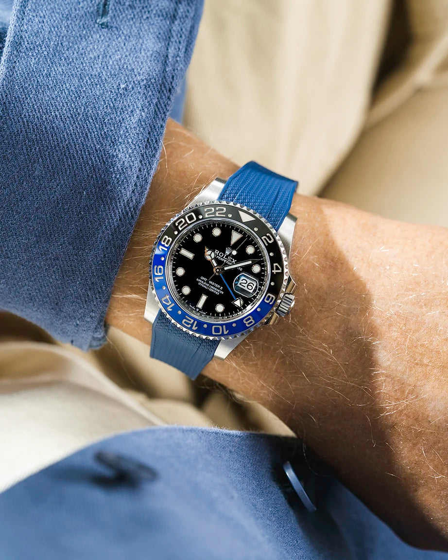 Navy Blue vertech rubber strap on Rolex 126710 batman wrist shot with blue shirt