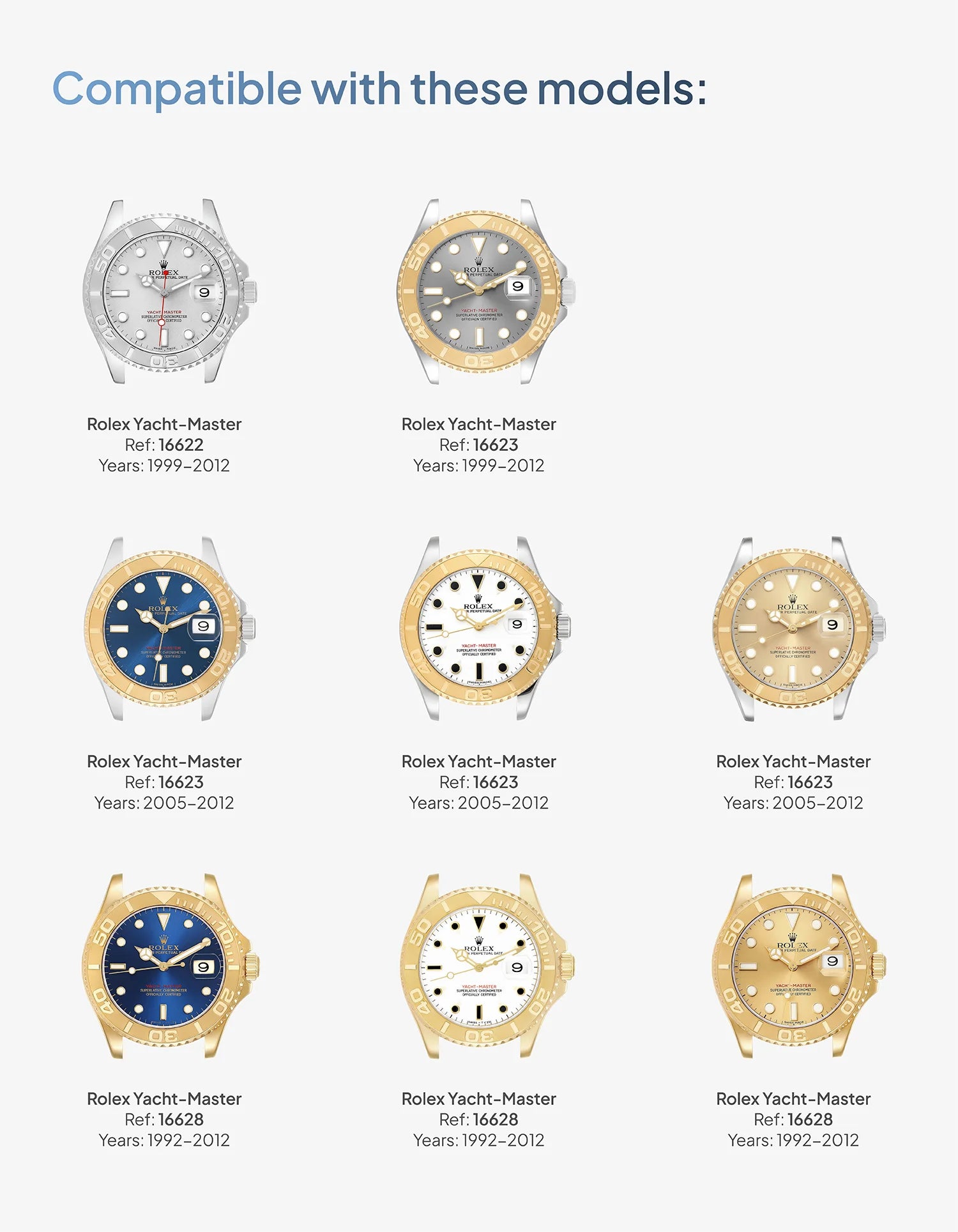 Rubber strap for Rolex Yacht-Master 16622 compatible with these models