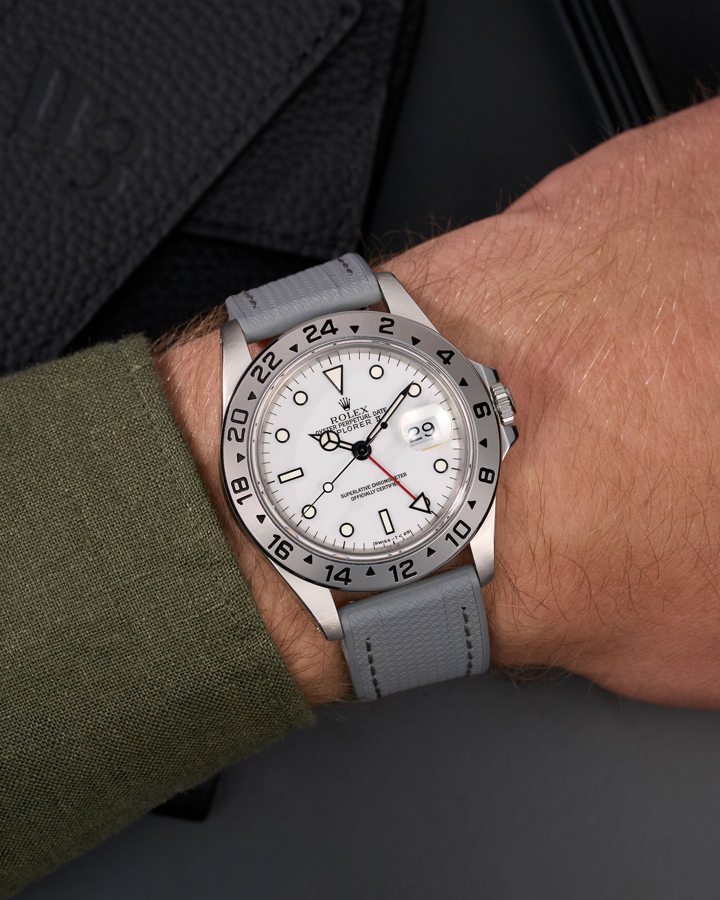 Wrist shot of Rolex Explorer II 16570 with Straight End Vertech FKM Strap 20mm in grey, showing texture and fit on wrist in natural light