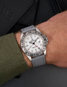 Wrist shot of Rolex Explorer II 16570 with Straight End Vertech FKM Strap 20mm in grey, showing texture and fit on wrist in natural light
