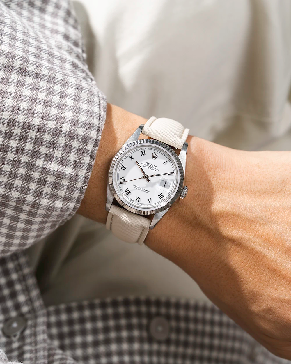 Sailcloth FKM Rubber Strap With Deployant Clasp in beige wrist shot on Rolex datejust watch