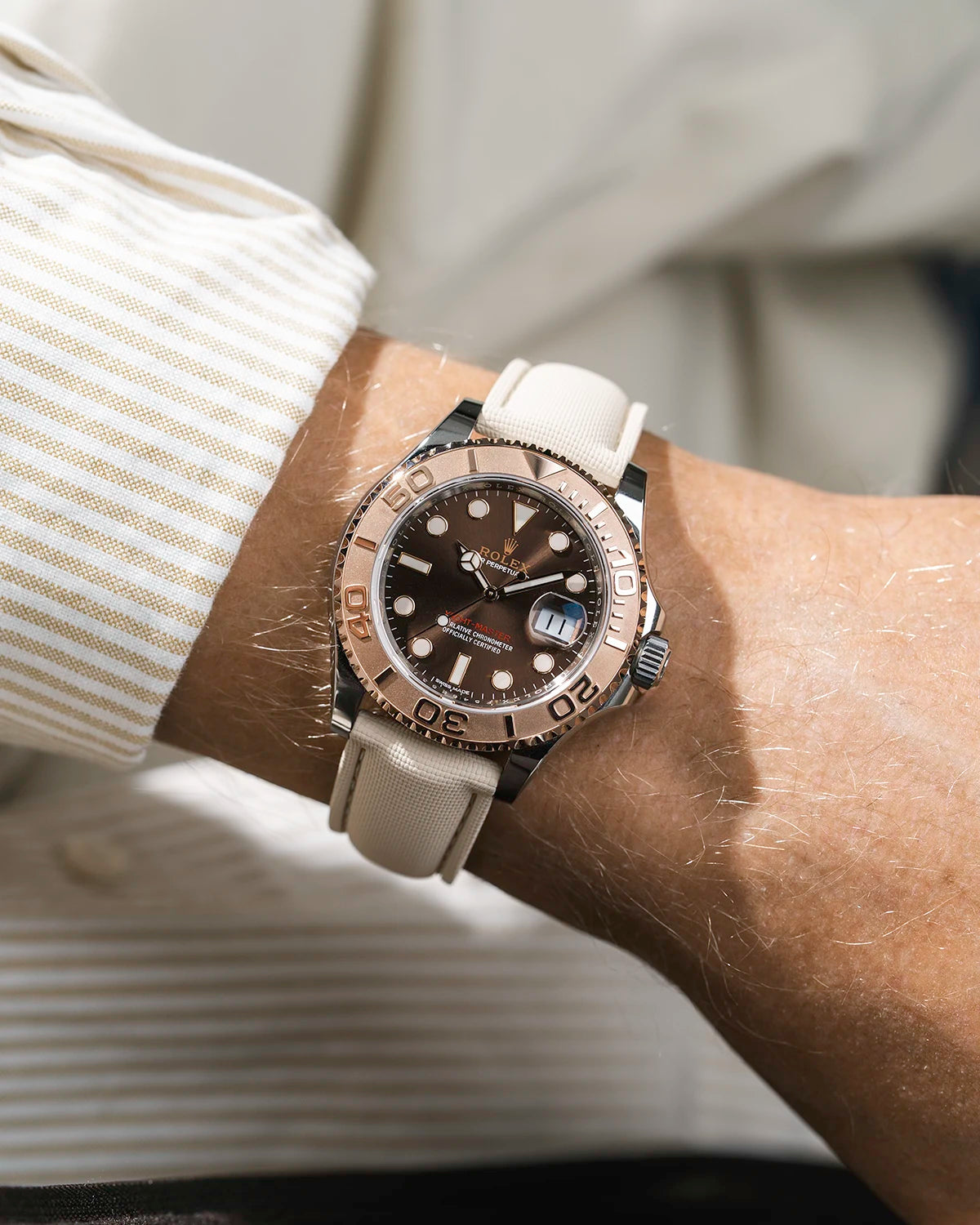 Beige Sailcloth FKM Rubber Strap With Deployant Clasp wrist shot on Rolex Yacht-Master watch