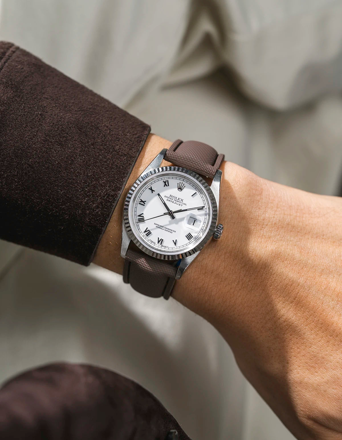 Brown Sailcloth FKM Rubber Strap With Deployant Clasp wrist shot on Rolex datejust watch