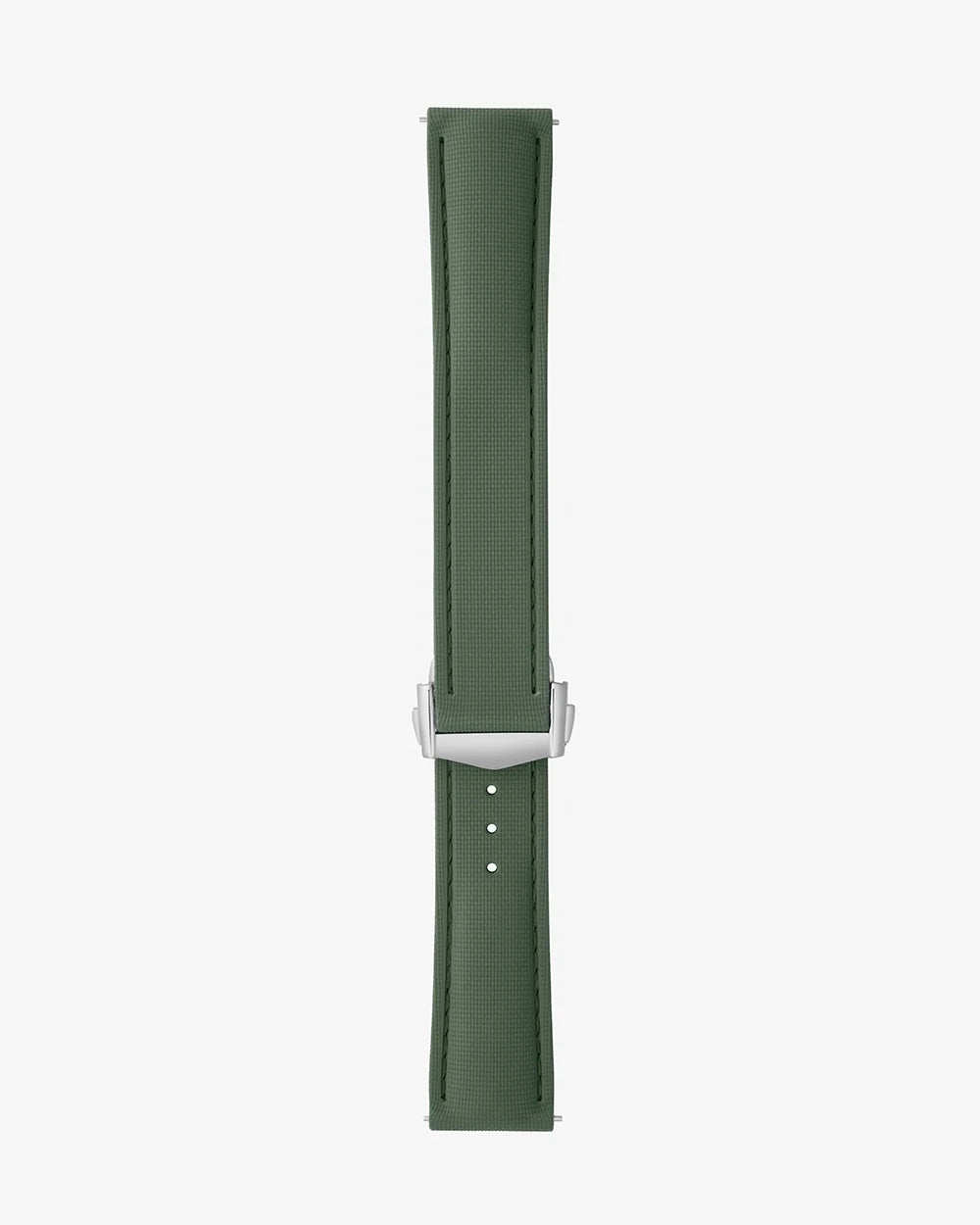 Green watch strap with silver buckle on a white background