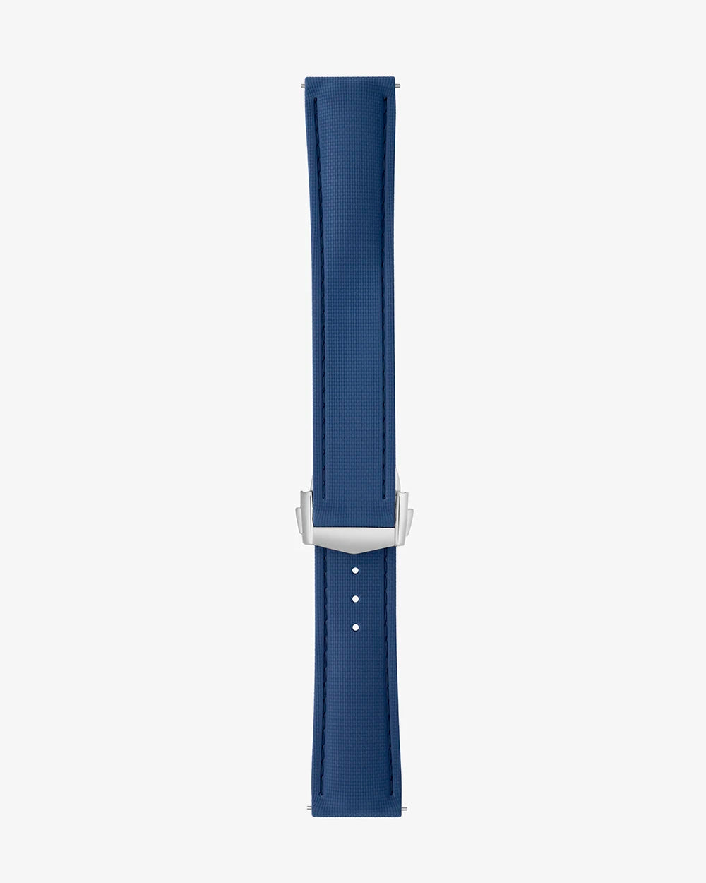 Blue watch strap with silver buckle on a white background
