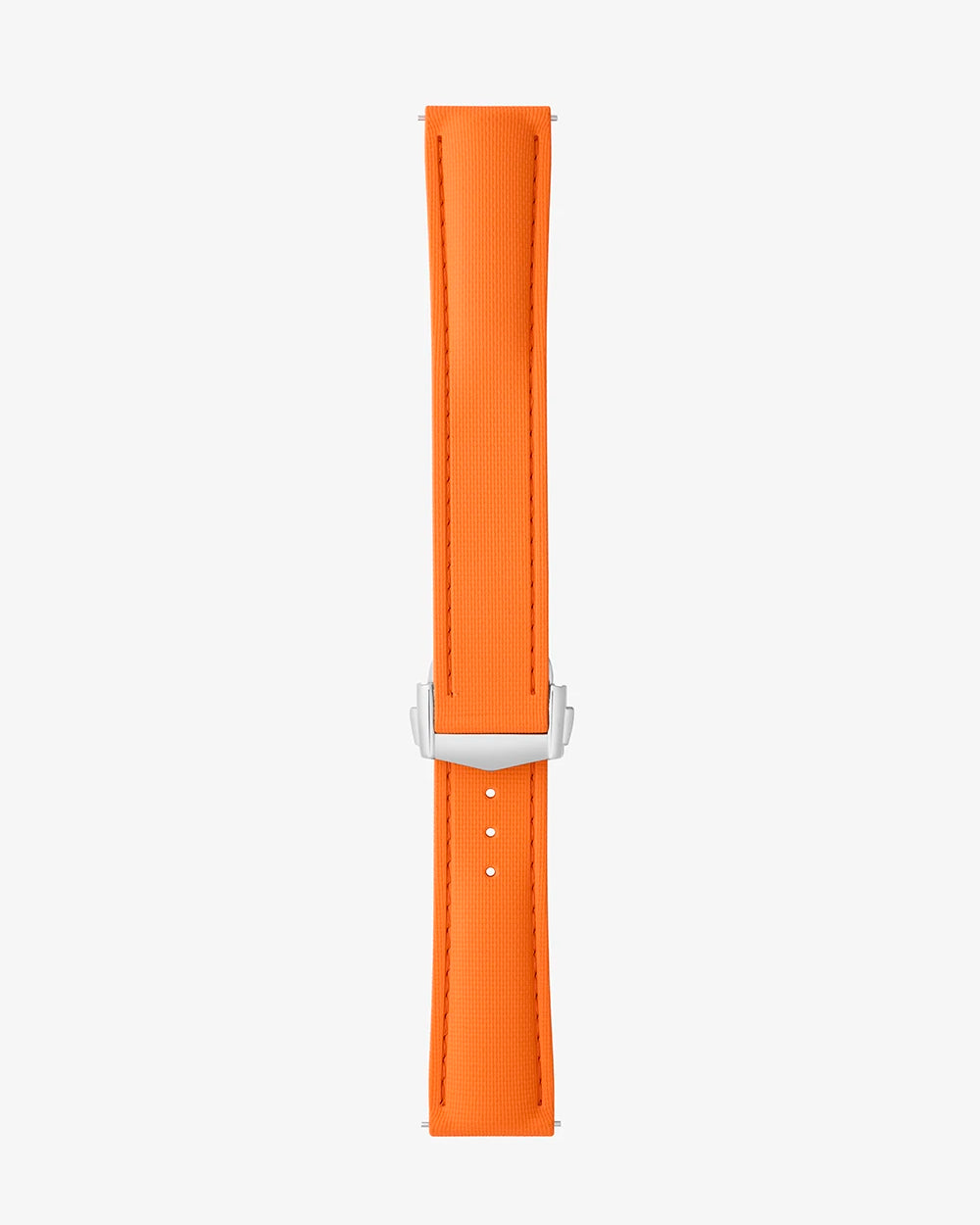 Orange watch strap with silver buckle on a white background