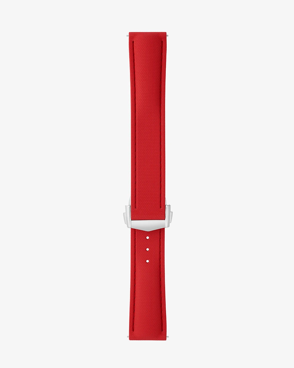 Red watch strap with a silver buckle on a white background