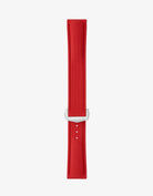 Red watch strap with a silver buckle on a white background