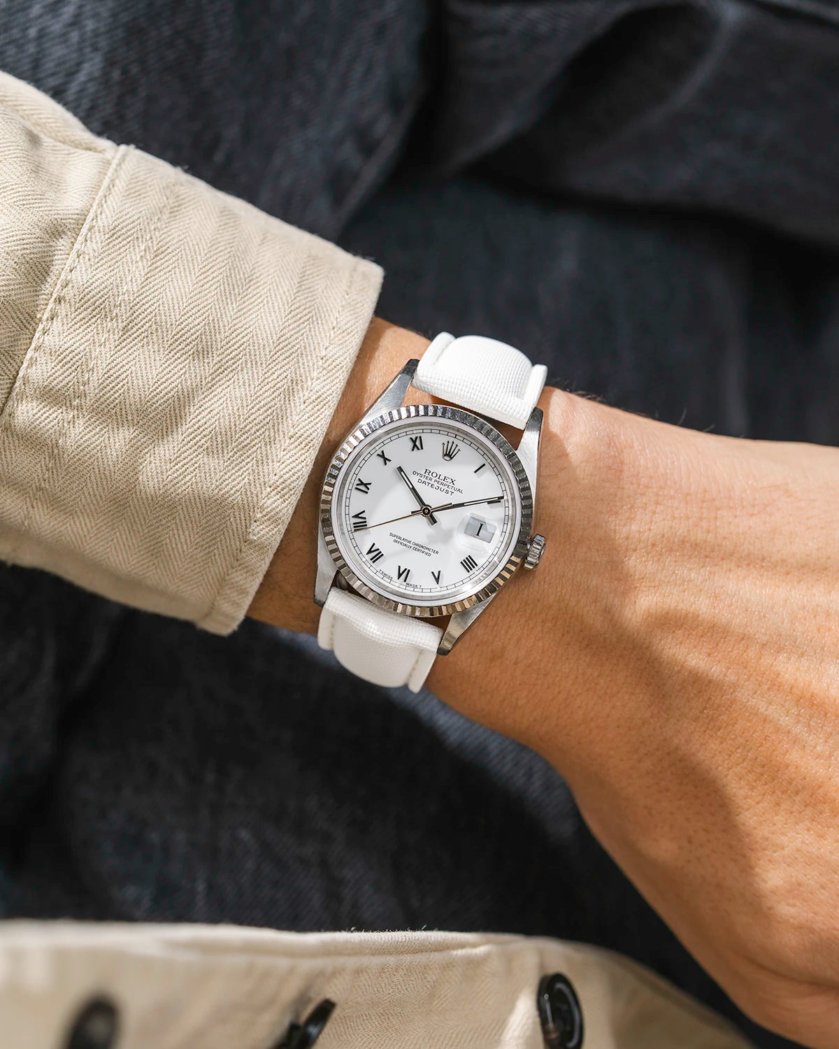 White Sailcloth FKM Rubber Strap With Deployant Clasp wrist shot on Rolex datejust watch with white dial