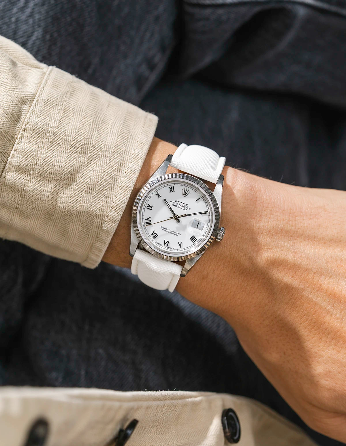 White Sailcloth FKM Rubber Strap With Deployant Clasp wrist shot on Rolex datejust watch with white dial