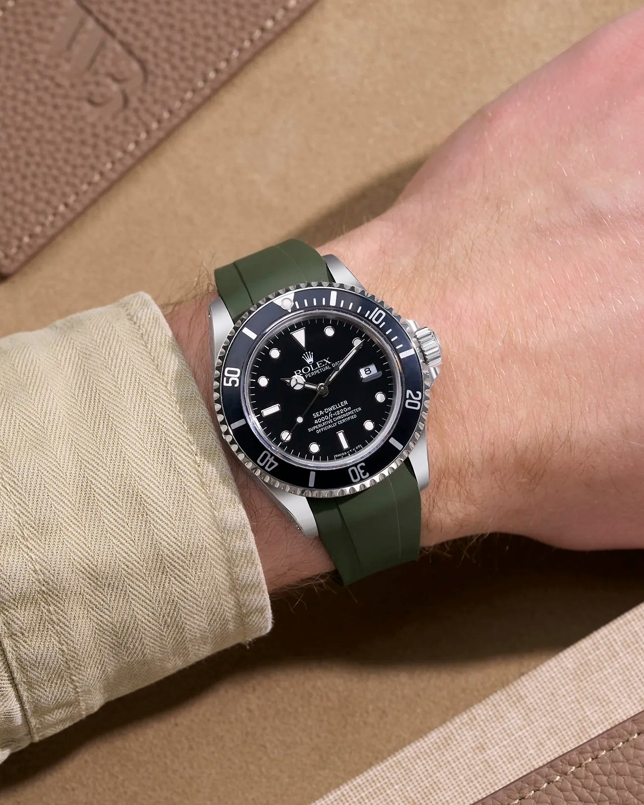 Rolex Sea-Dweller 16600 with Green FKM Rubber Strap and Original Clasp – On Wrist View