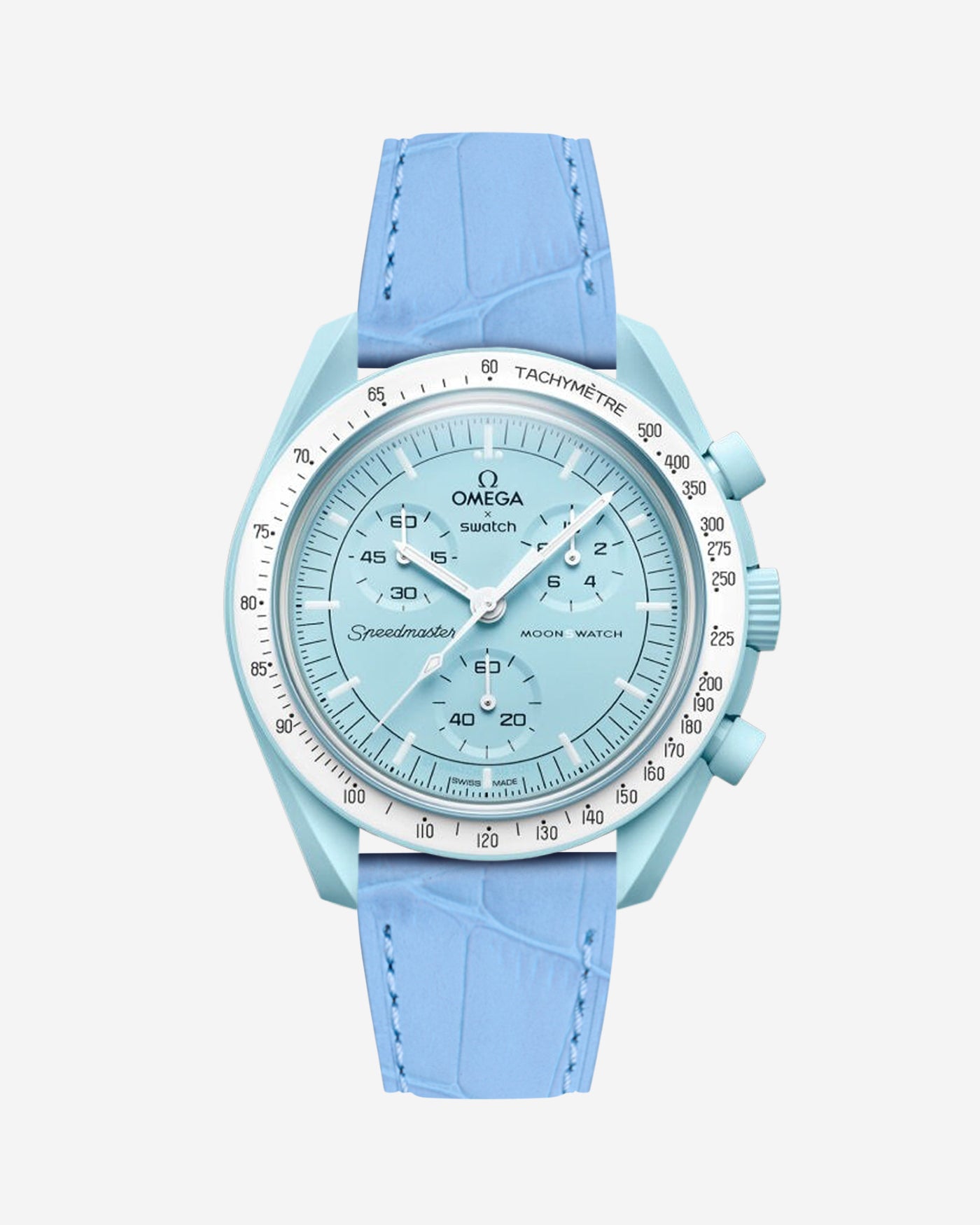 Sky Blue embossed alligator leather strap on Omega X Swatch MoonSwatch Mission to Uranus Watch