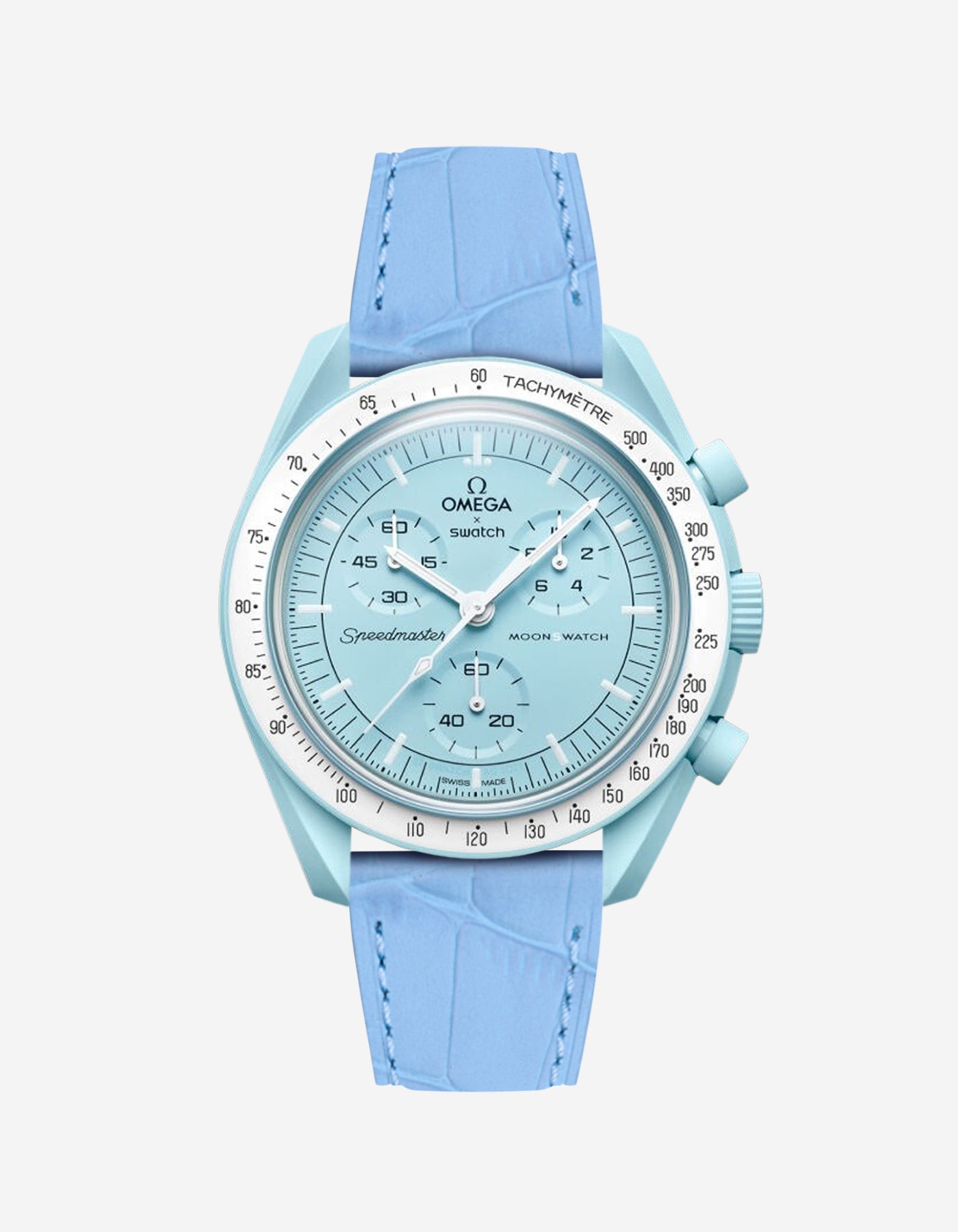 Sky Blue embossed alligator leather strap on Omega X Swatch MoonSwatch Mission to Uranus Watch