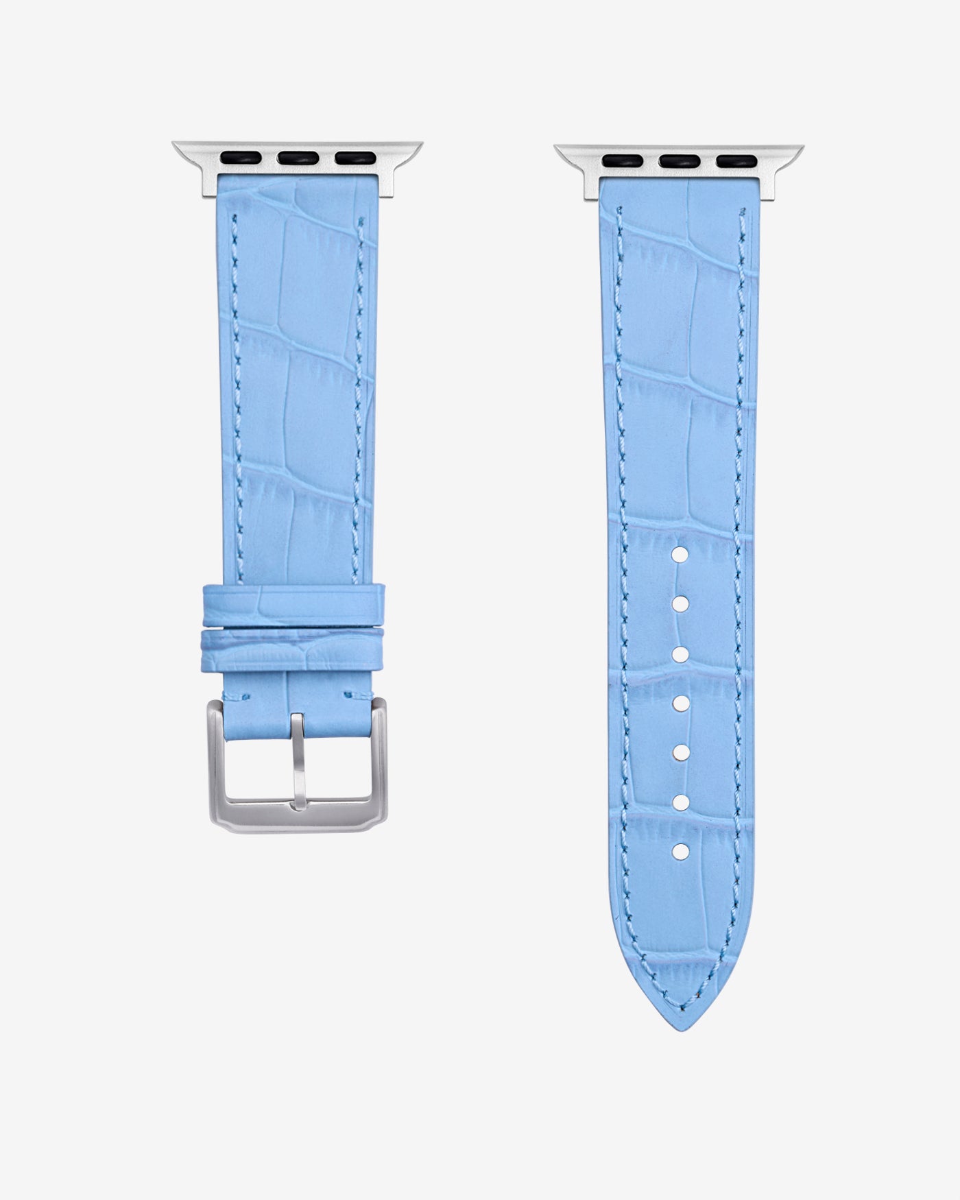 Sky Blue leather Apple Watch band in Embossed Alligator with silver buckle - in detail