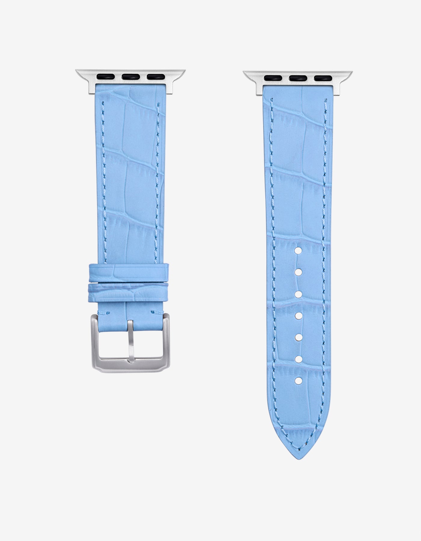 Sky Blue leather Apple Watch band in Embossed Alligator with silver buckle - in detail