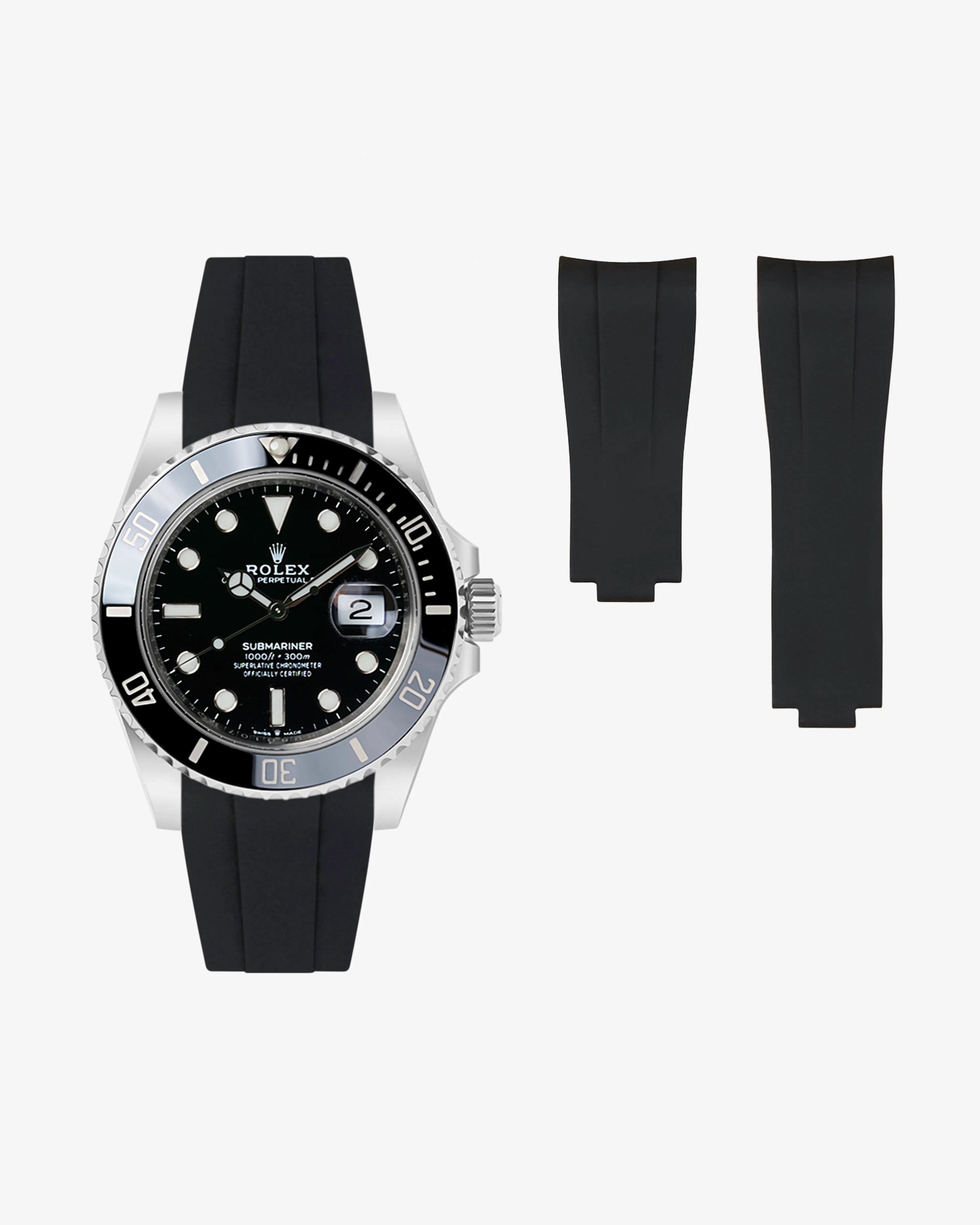 Front-facing product image of Rolex Submariner 41 with Classic Smooth FKM Rubber Strap black that sits on the watch, integrated with original clasp - 126610LN 124060LN