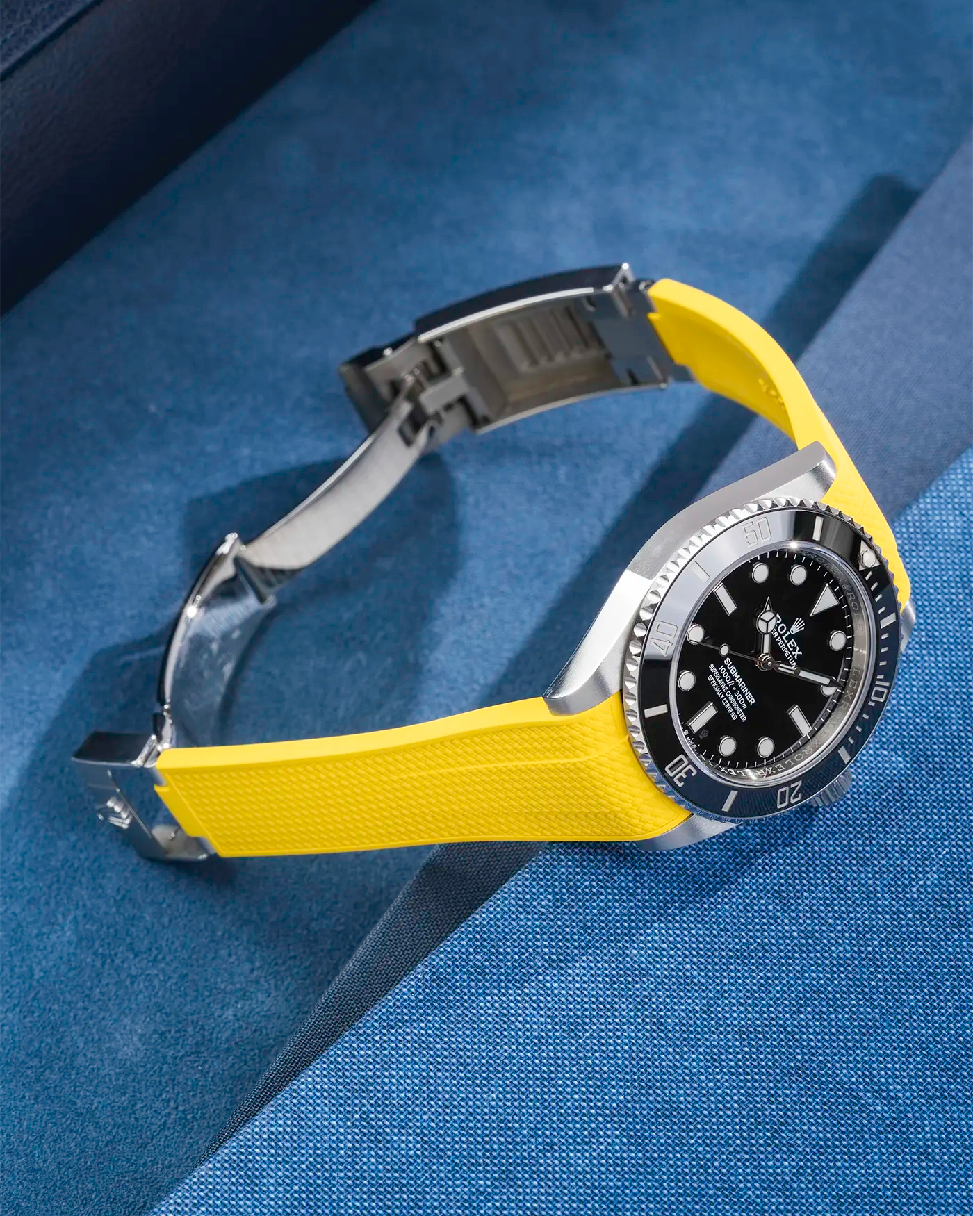 Yellow Vertech FKM Rubber Strap integrated with original clasp on Rolex Submariner 41 126610LN/124060LN – product photo with strap attached to watch, clasp open