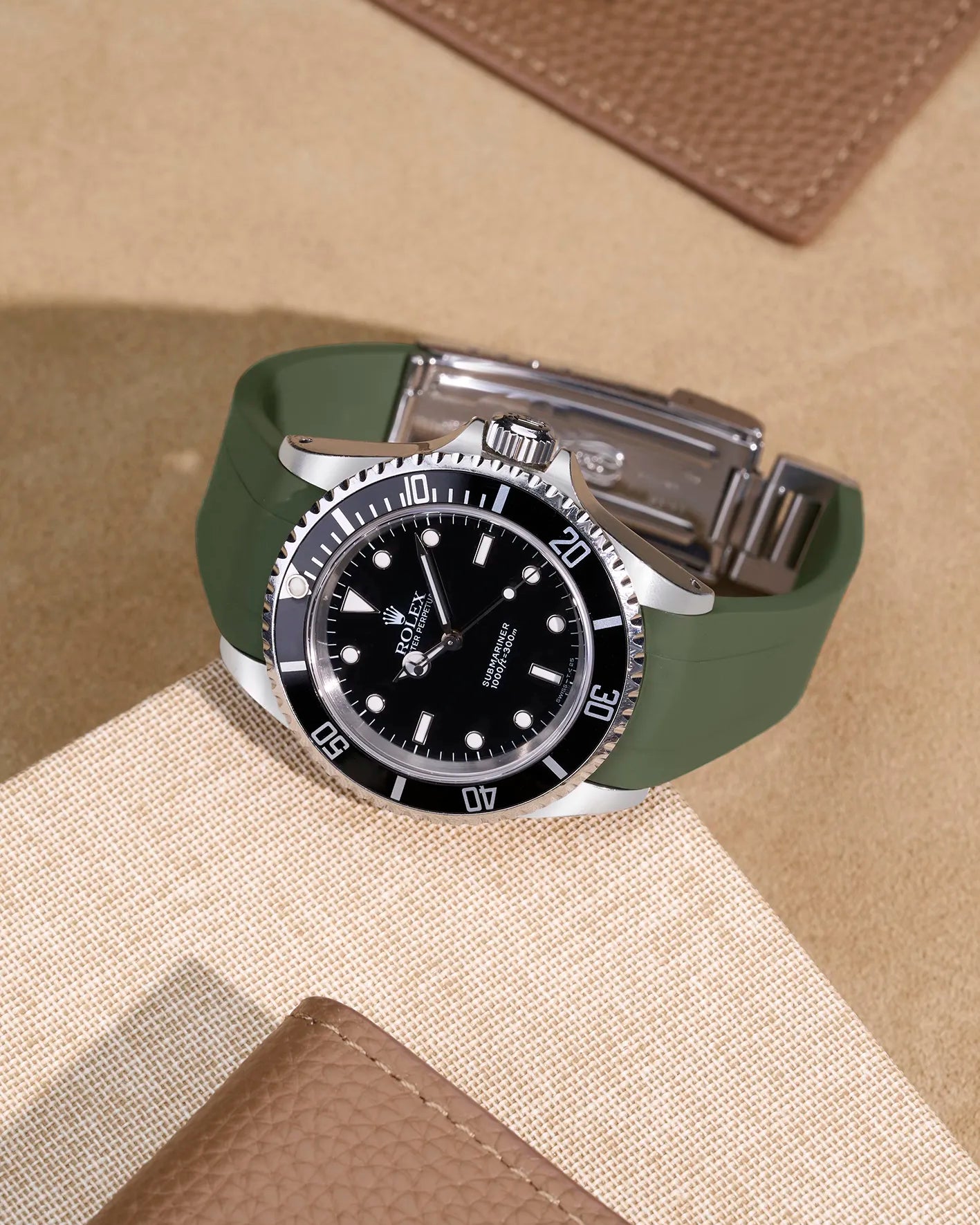 Rolex Submariner 16610 and 14060 with green integrated FKM rubber strap – designed for use with original clasp