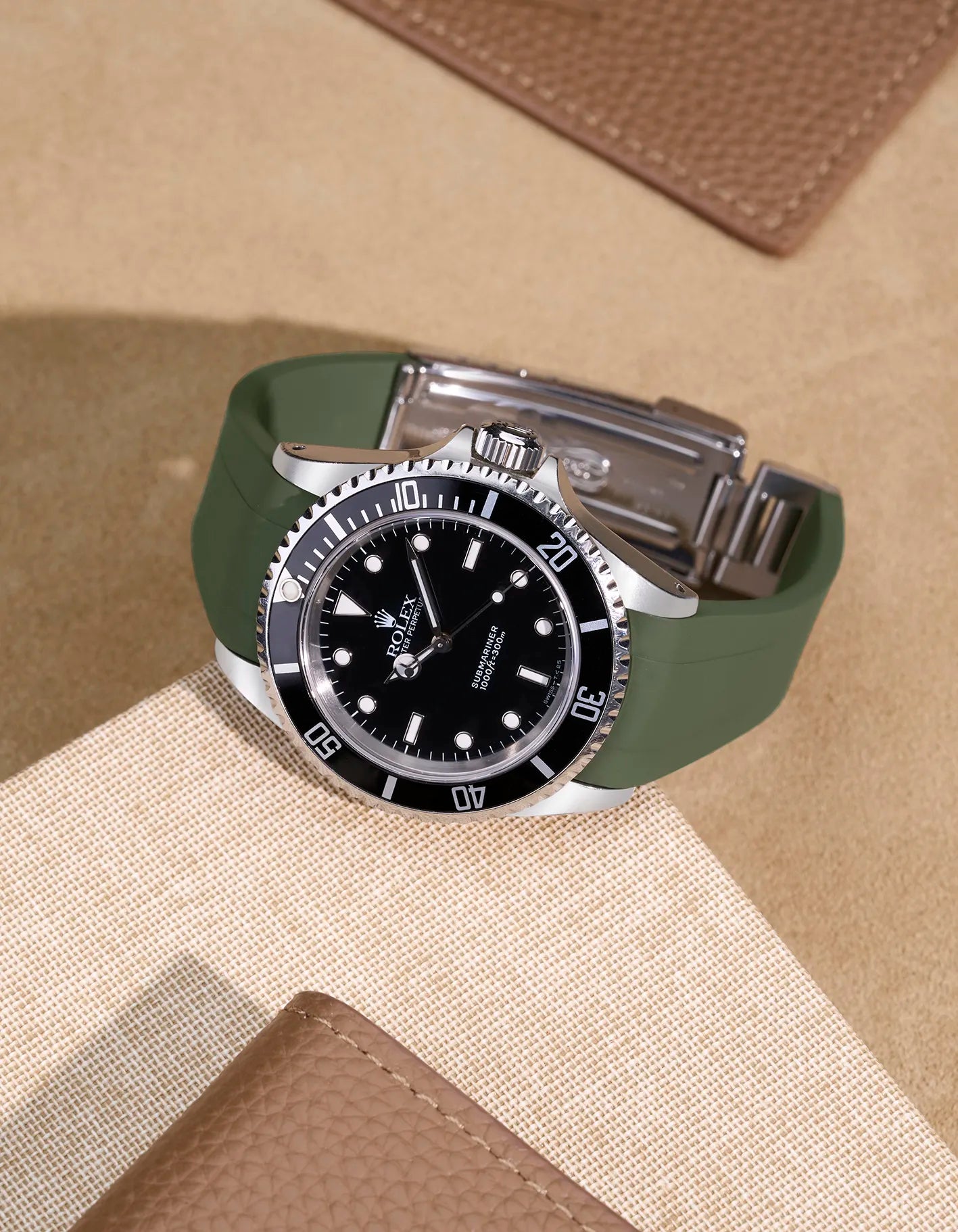 Rolex Submariner 16610 and 14060 with green integrated FKM rubber strap – designed for use with original clasp