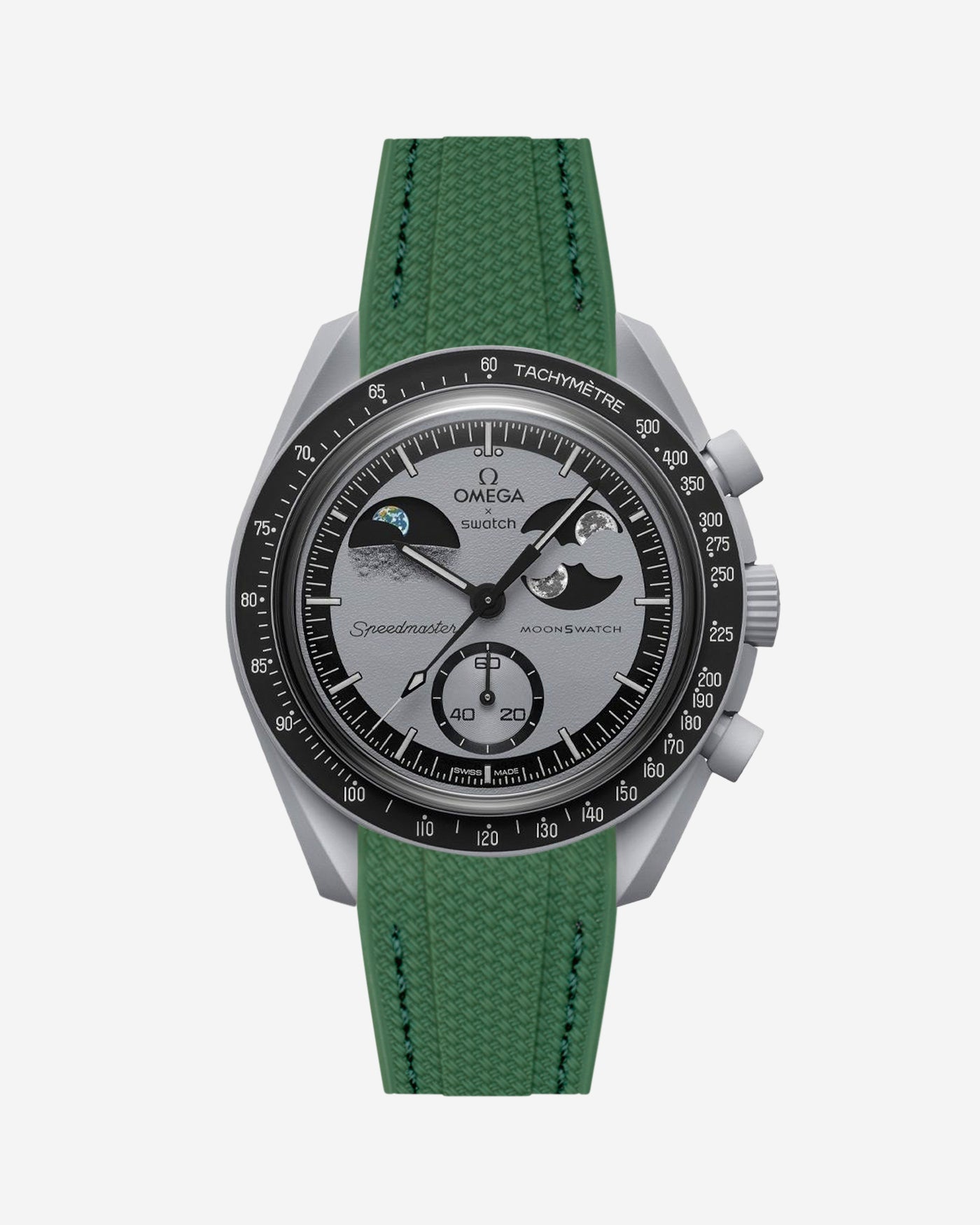 A green rubber watch strap with a stainless steel buckle, designed to fit the Omega X Swatch MoonSwatch Mission to the EarthPhase.