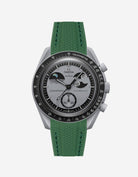 A green rubber watch strap with a stainless steel buckle, designed to fit the Omega X Swatch MoonSwatch Mission to the EarthPhase.